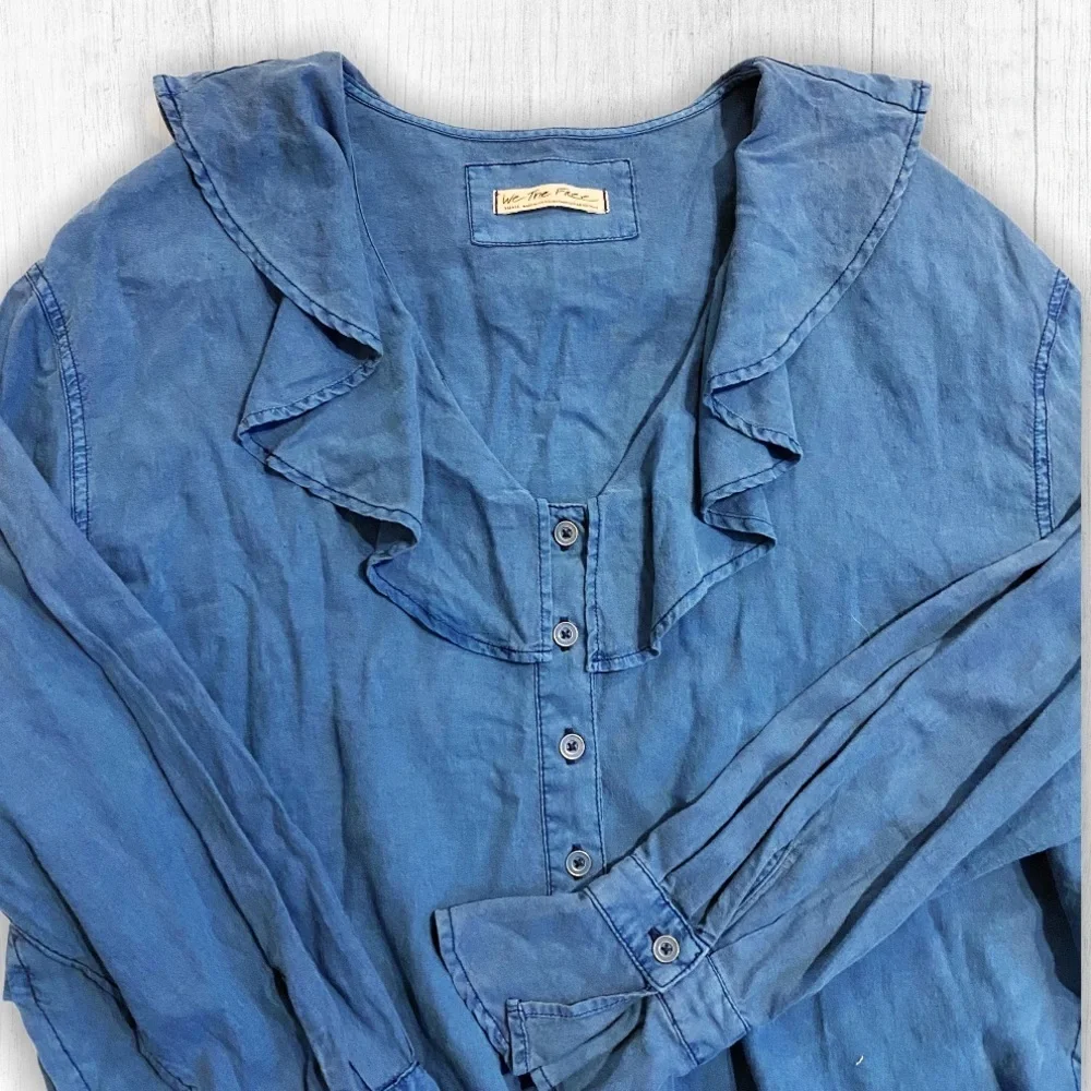 Free People Navy Blue Ruffle Dolman Sleeve Blouse S NWT